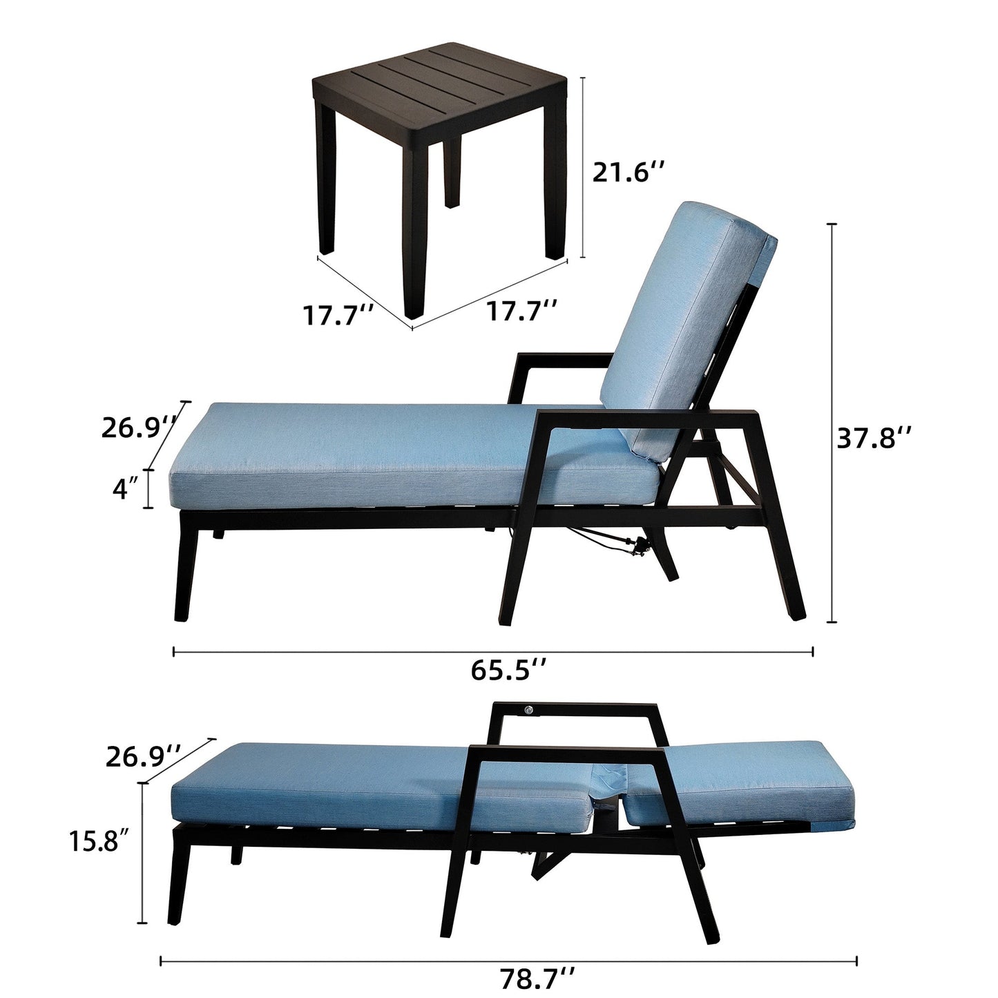 PolyTEAK 3-Piece Modern Patio Chaise Lounge Set with Plush Cushions, and Adjustable Backrests with Table