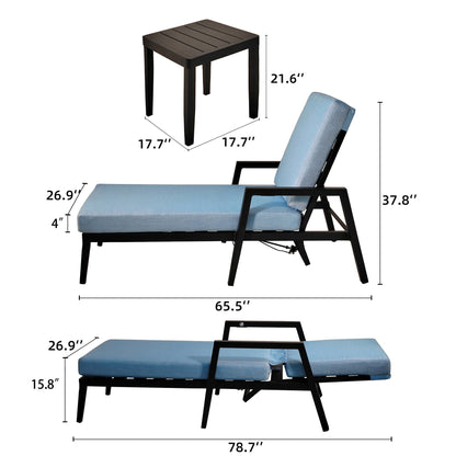 PolyTEAK 3-Piece Modern Patio Chaise Lounge Set with Plush Cushions, and Adjustable Backrests with Table