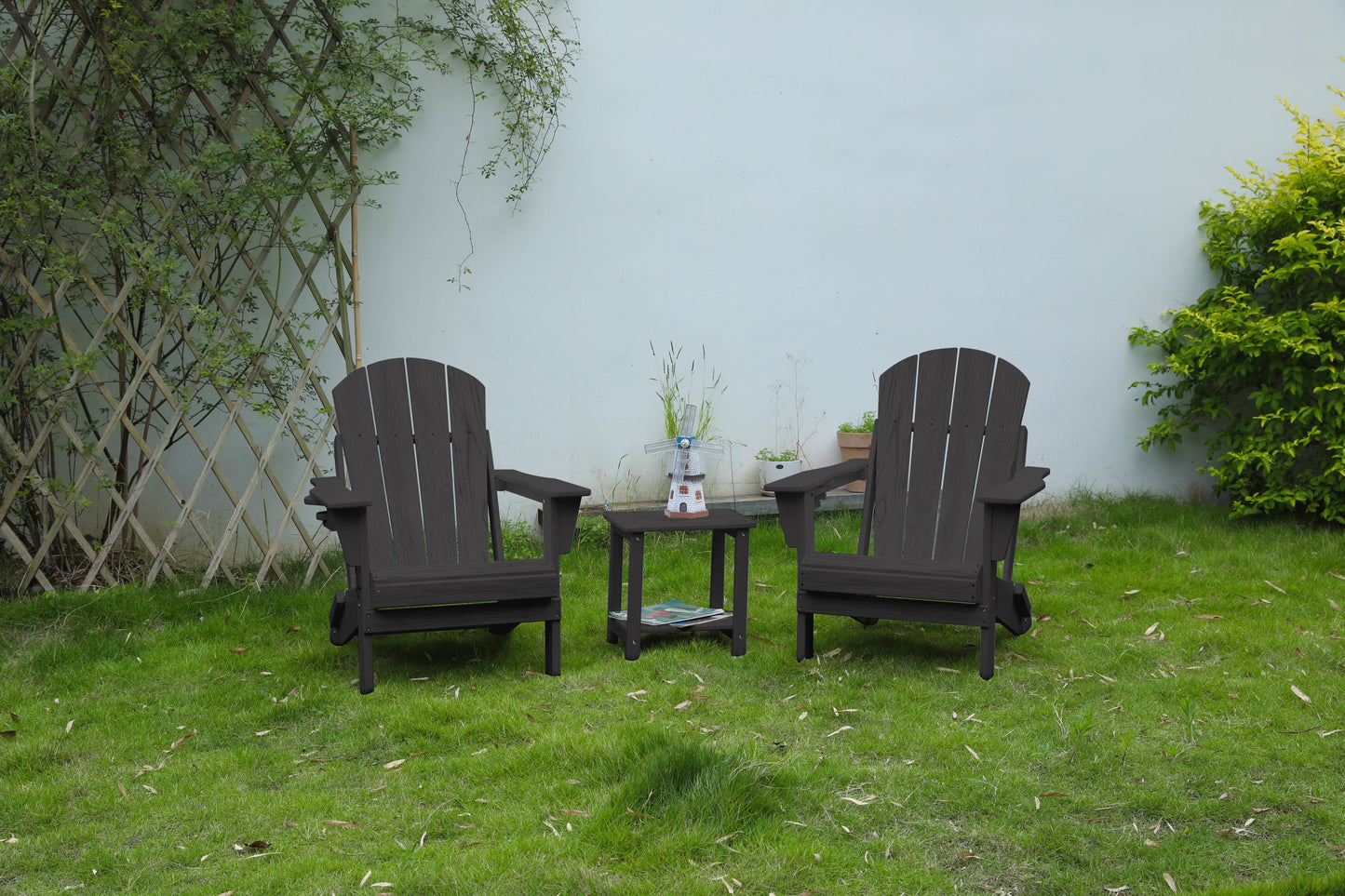 Folding Adirondack Chair with Side Table, 3-Piece Adirondack Chair Set with Wood Texture, Gray(includes 2 Chairs and 1 Table)
