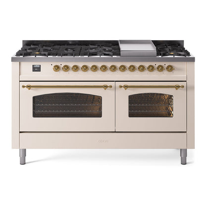 ILVE Nostalgie II 60" Dual Fuel Liquid Propane Range, Antique White, Brass Trim UP60FNMPAWGLP