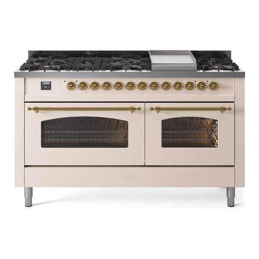 ILVE Nostalgie II 60" Dual Fuel Liquid Propane Range, Antique White, Brass Trim UP60FNMPAWGLP