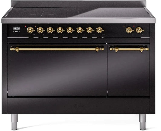 ILVE Nostalgie II 48 " Electric Range, Glossy Black, Brass Trim UPI486QNMPBKG