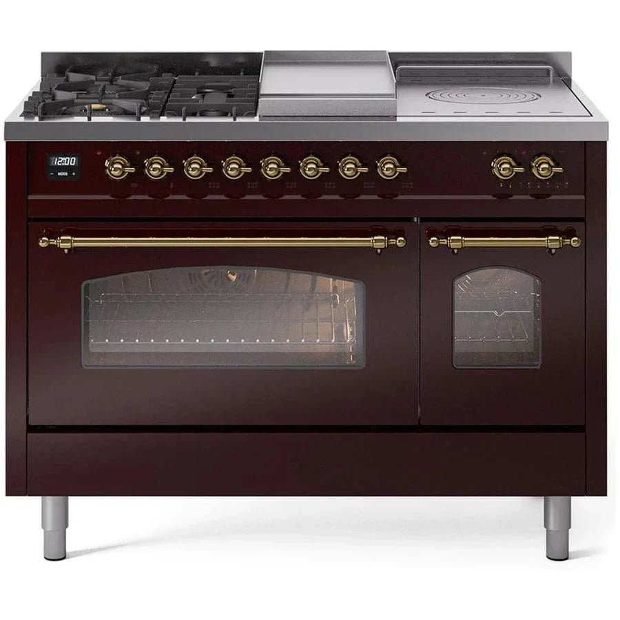 ILVE Nostalgie II 48"  Dual Fuel Natural Gas Range Burgundy Brass Trim UP48FSNMPBUG