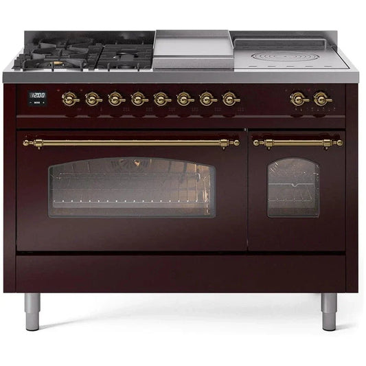 ILVE Nostalgie II 48"  Dual Fuel Natural Gas Range Burgundy Brass Trim UP48FSNMPBUG