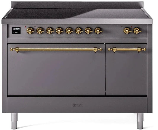 ILVE Nostalgie II 48 " Electric Range, Matte Graphite, Brass Trim UPI486QNMPMGG