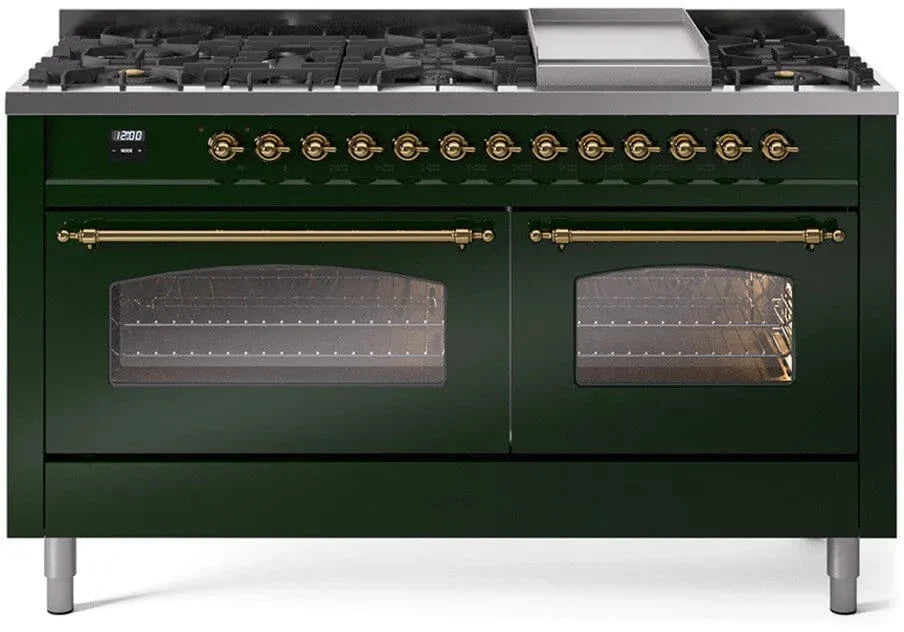 ILVE Nostalgie II 60" Dual Fuel Natural Gas Range, Emerald Green, Brass Trim UP60FNMPEGG