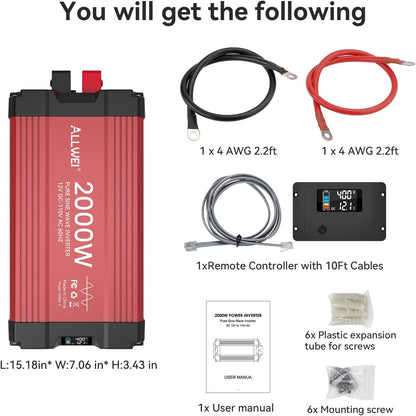 ALLWEI 2000W Pure Sine Wave Inverter - 12V DC to 110V AC Power Converter