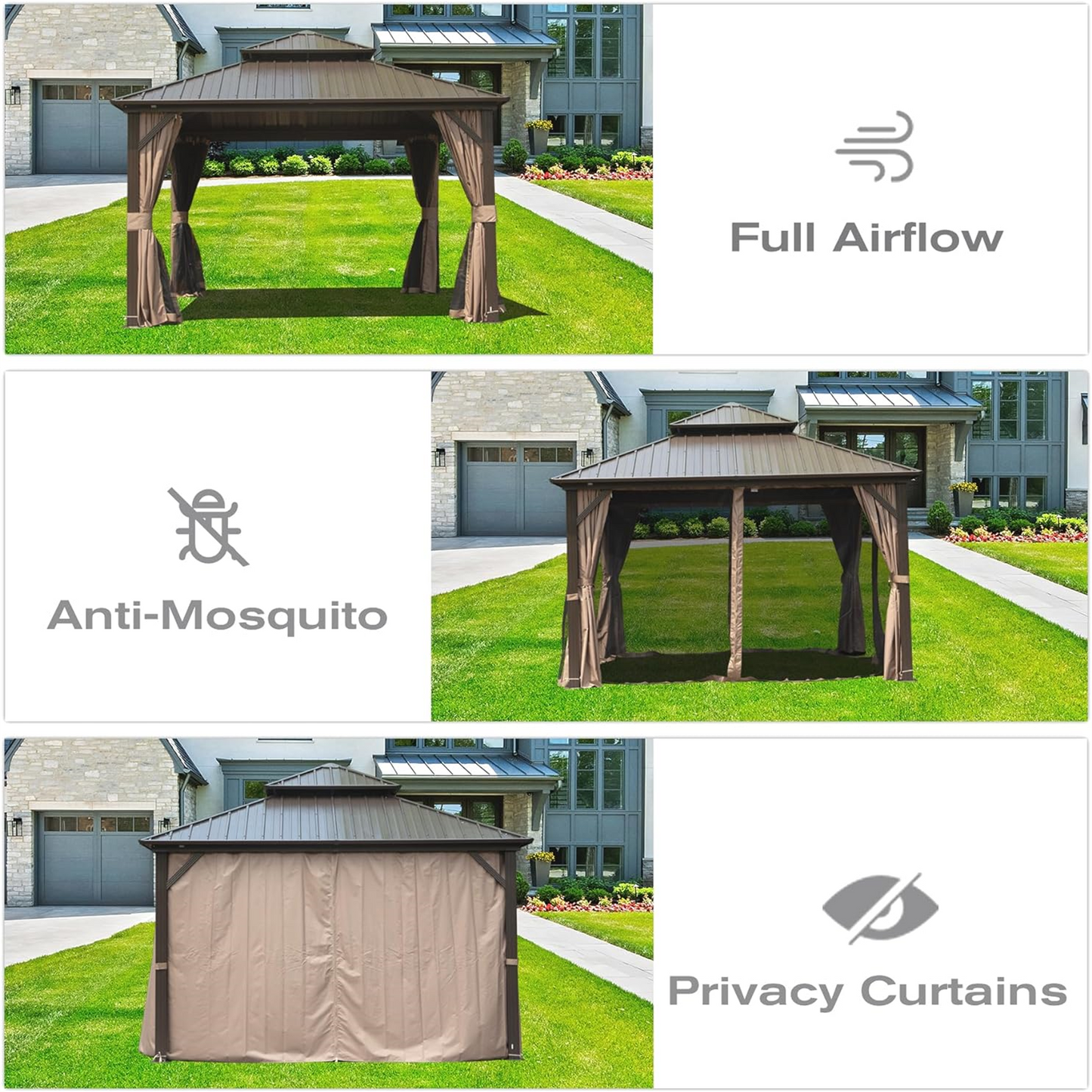 PolyTEAK All-Season 8x8ft Hardtop Gazebo: Aluminum Frame, Double Roof, Curtains, & Netting for Protection from Sun, Rain, & Snow