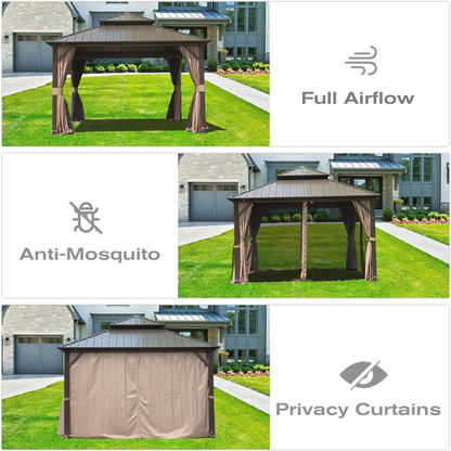 PolyTEAK All-Season 8x8ft Hardtop Gazebo: Aluminum Frame, Double Roof, Curtains, & Netting for Protection from Sun, Rain, & Snow