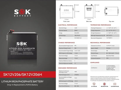 SOK Battery 12V [206Ah-H] 12V LiFePO4 Bluetooth & Optional Built-in heater | SK12V206H & SK12V206P