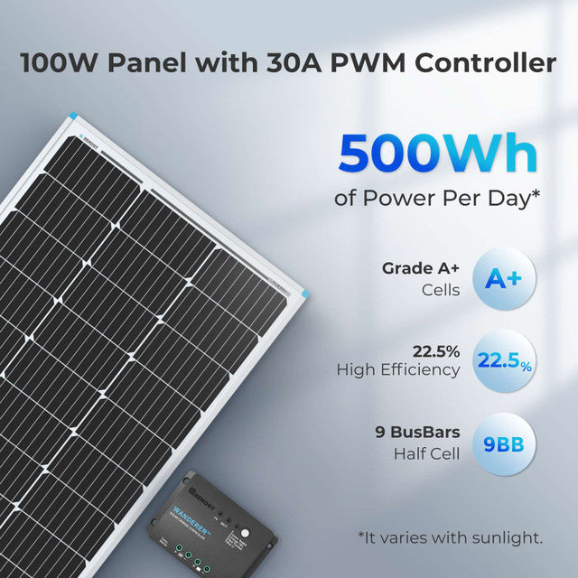 Renogy 100W 12V Monocrystalline Solar Starter Kit w/Wanderer 30A Charge Controller