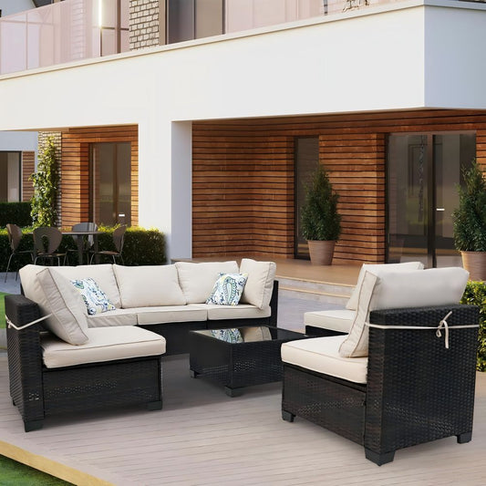 Ainfox 7 Pieces Patio Furniture Set Outdoor Rattan Wicker Patio Conversation Set with Coffee Table