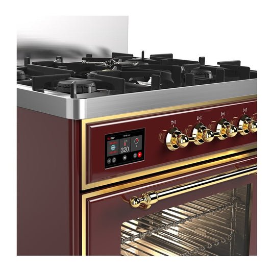 ILVE Majestic III 30" Dual Fuel Range, Burgundy, Brass Trim UM30NR3BUG