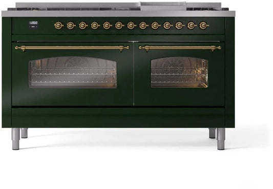 ILVE Nostalgie II 60" Dual Fuel Natural Gas Range, Emerald Green, Brass Trim UP60FNMPEGG
