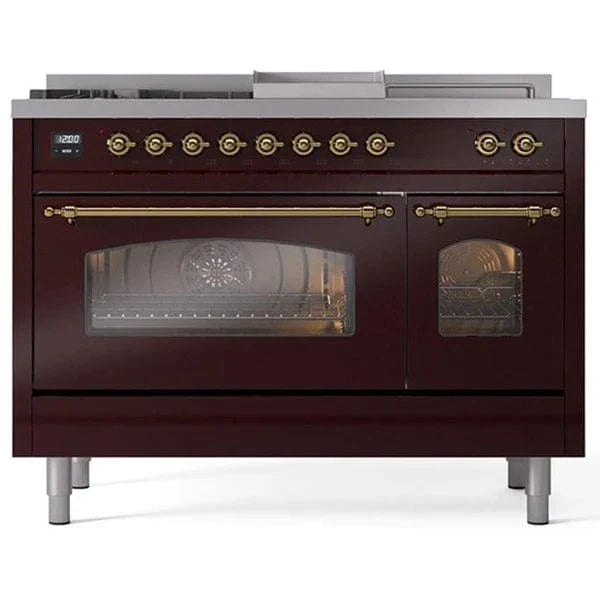 ILVE Nostalgie II 48"  Dual Fuel Natural Gas Range Burgundy Brass Trim UP48FSNMPBUG