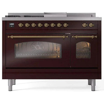 ILVE Nostalgie II 48"  Dual Fuel Natural Gas Range Burgundy Brass Trim UP48FSNMPBUG