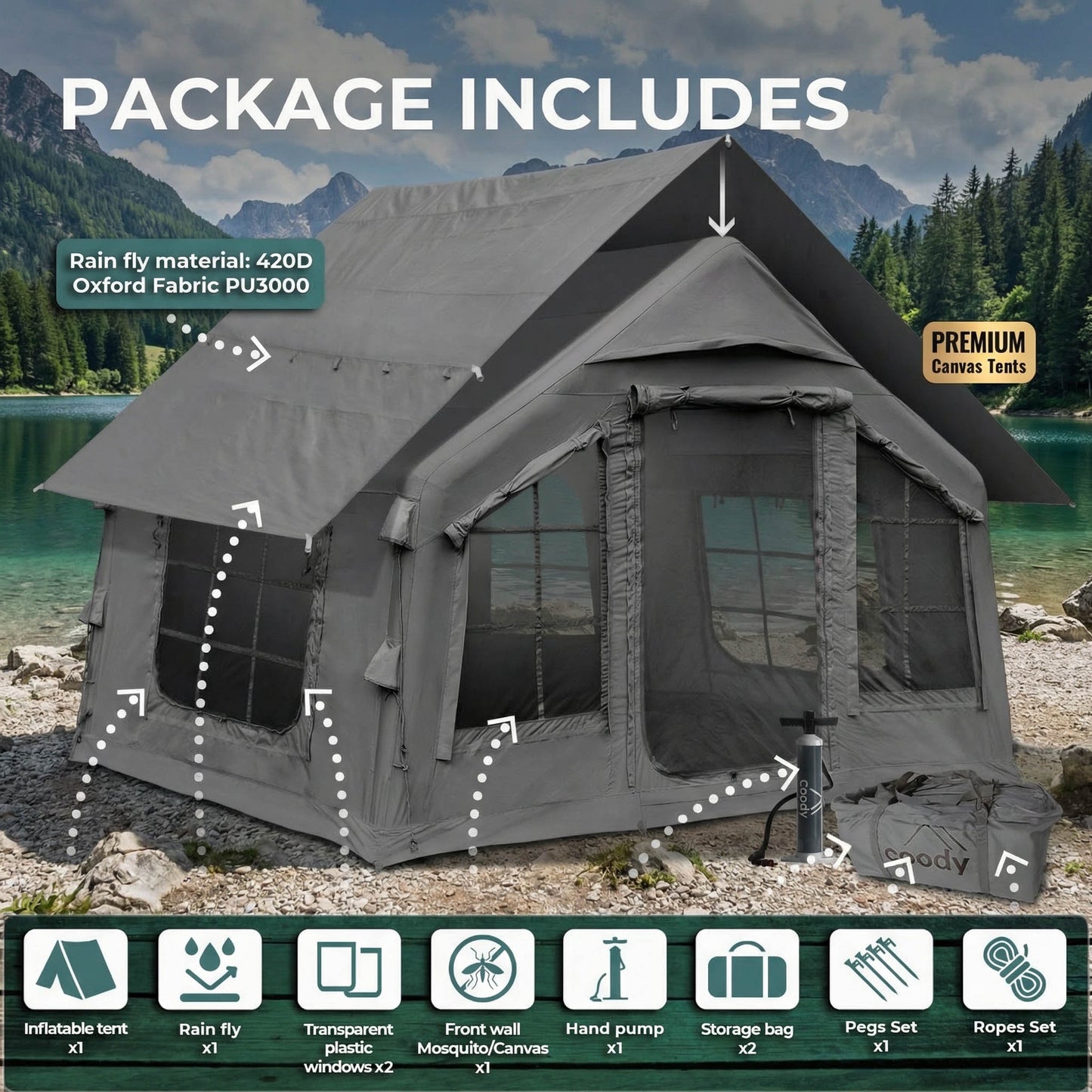 Coody 8.0 Air Tent Gray - Inflatable Tent House for Camping (1-4 Person)