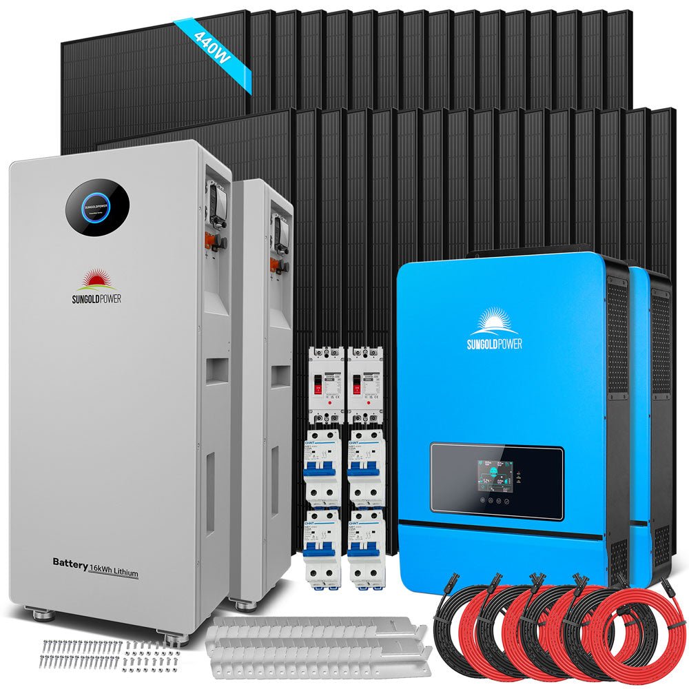 SunGoldPower OFF GRID SOLAR KIT 20KW 48VDC 120V/240V LIFEPO4 30.72KWH-32.14KWH LITHIUM BATTERY 32 X 450 WATTS SOLAR PANELS SGR-20K30E