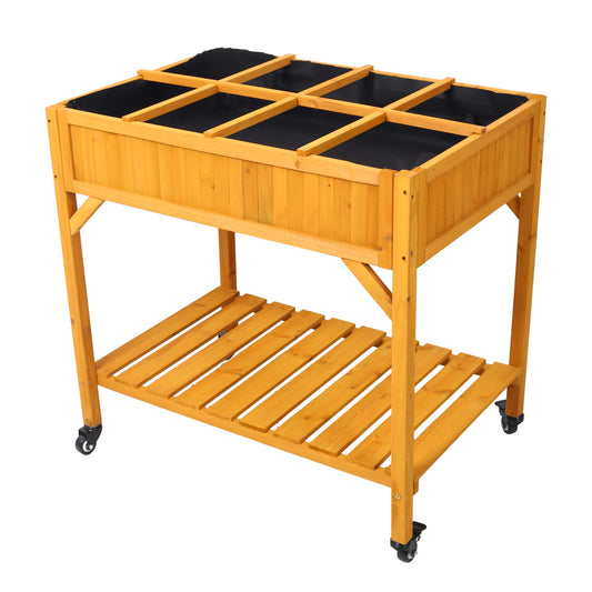 PolyTEAK Elevated 8 Pocket Garden Bed on Wheels for Flowers, Herbs, and Vegetables with Storage Shelf & Drainage Holes
