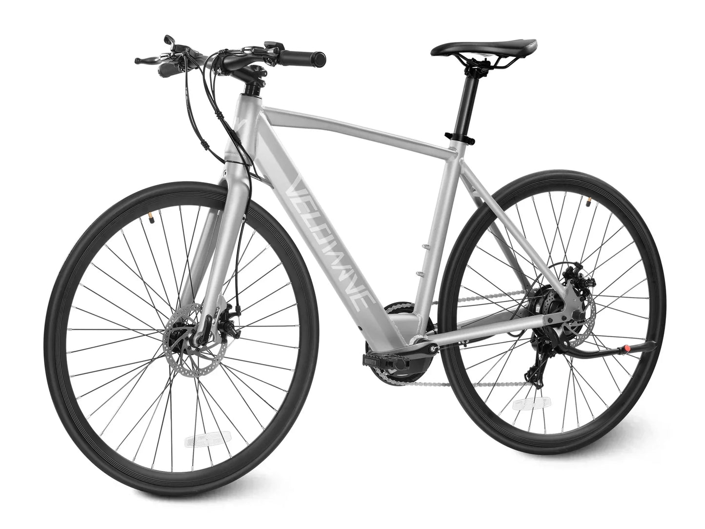 Sleek silver Velowave Spirit Electric Road Bike in urban setting, showcasing its lightweight design and advanced features for efficient city commuting.