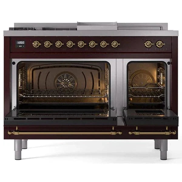 ILVE Nostalgie II 48"  Dual Fuel Natural Gas Range Burgundy Brass Trim UP48FSNMPBUG