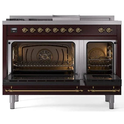 ILVE Nostalgie II 48"  Dual Fuel Natural Gas Range Burgundy Brass Trim UP48FSNMPBUG