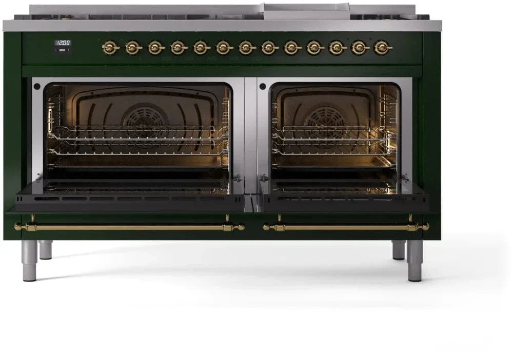 ILVE Nostalgie II 60" Dual Fuel Natural Gas Range, Emerald Green, Brass Trim UP60FNMPEGG
