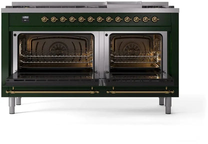 ILVE Nostalgie II 60" Dual Fuel Natural Gas Range, Emerald Green, Brass Trim UP60FNMPEGG