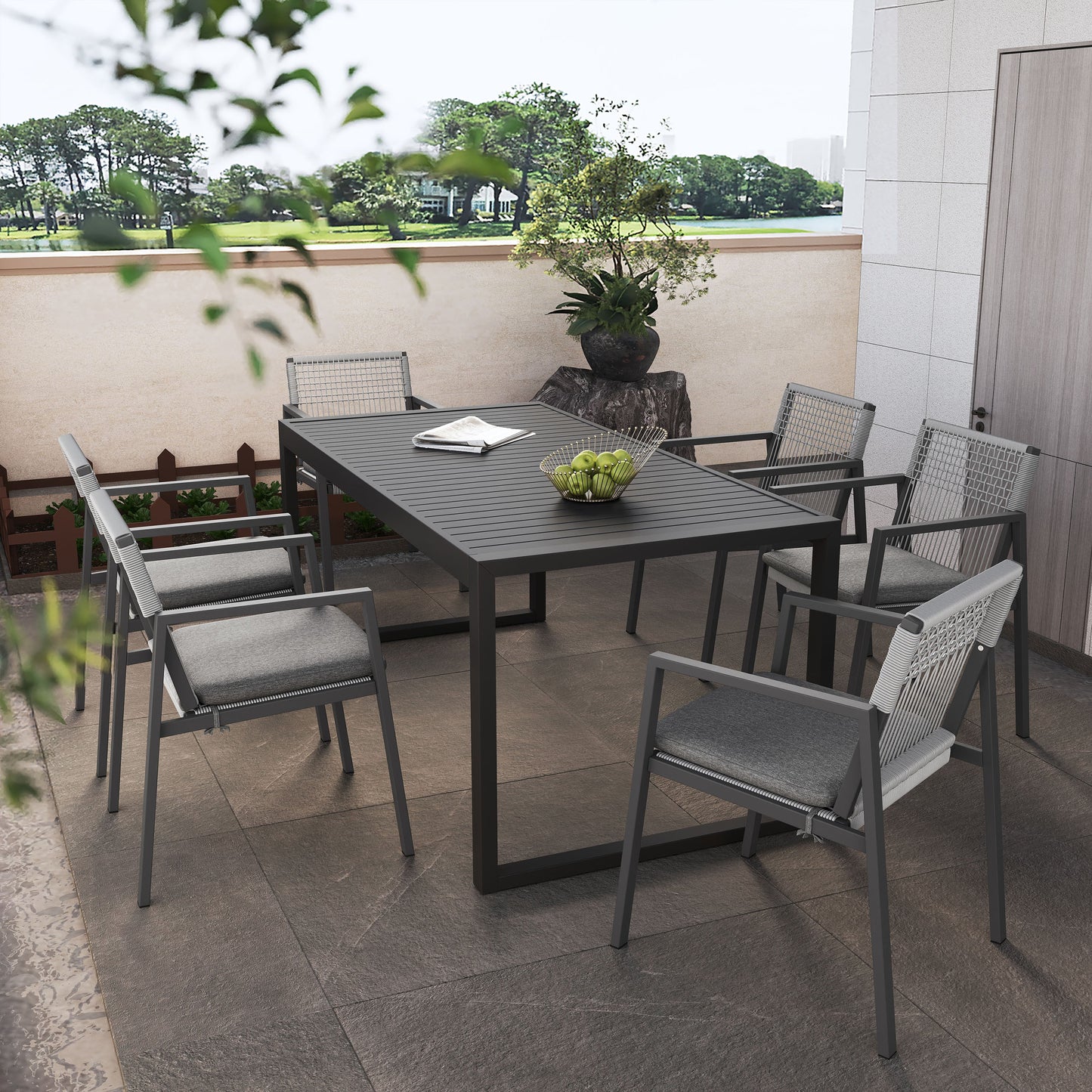 PolyTEAK Modern 7-Piece Outdoor Dining Table & Woven Back Chair Set