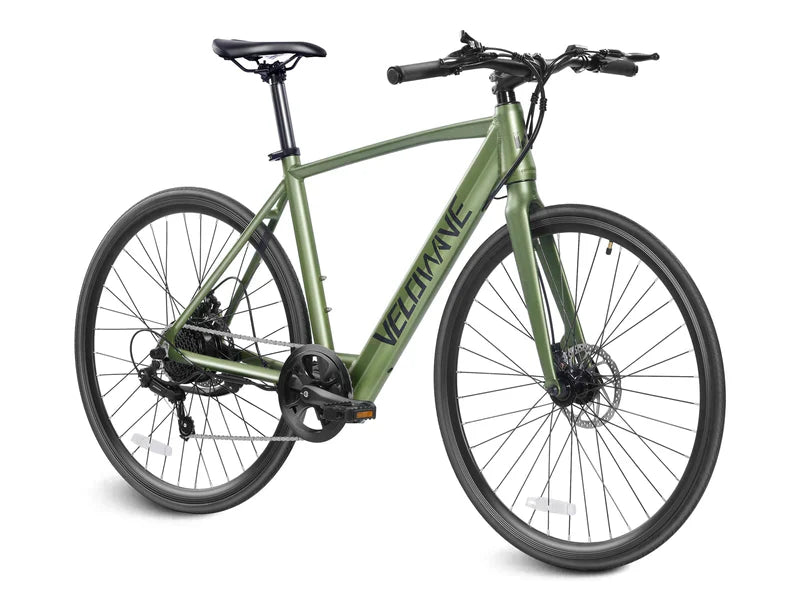 Sleek green Velowave Spirit Electric Road Bike in urban setting, showcasing its lightweight design and advanced features for efficient city commuting.