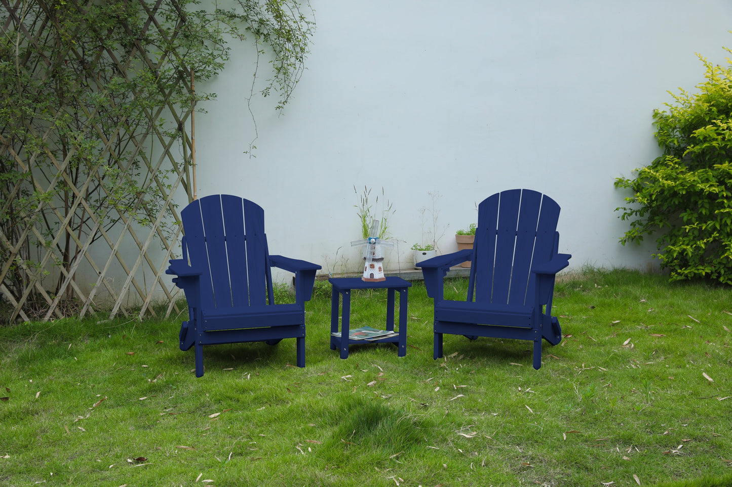 Folding Adirondack Chair with Side Table, 3-Piece Adirondack Chair Set with Wood Texture, Navy Blue(includes 2 Chairs and 1 Table)
