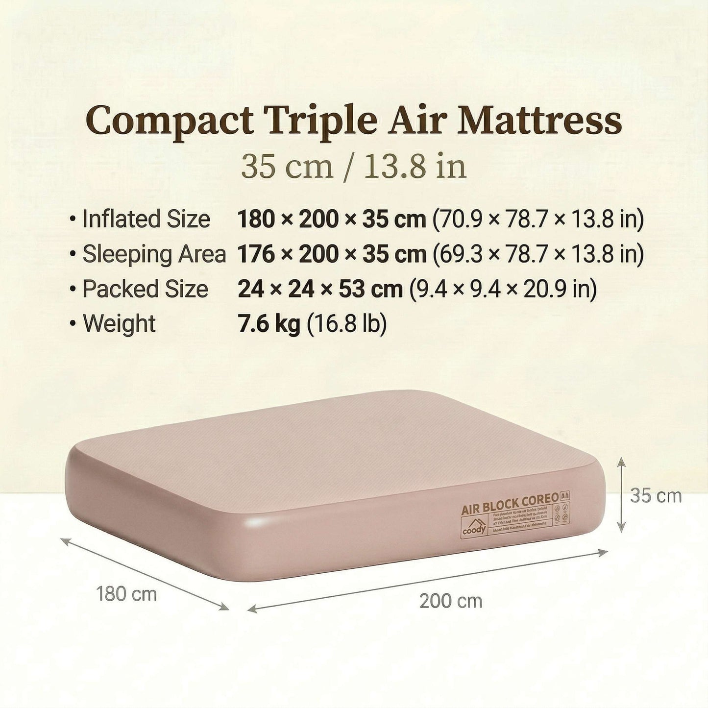 Coody Coreo Air Mattress King (180 × 200 × 35 cm) – Structured Air Block Inflatable Bed, Compact Pack Design