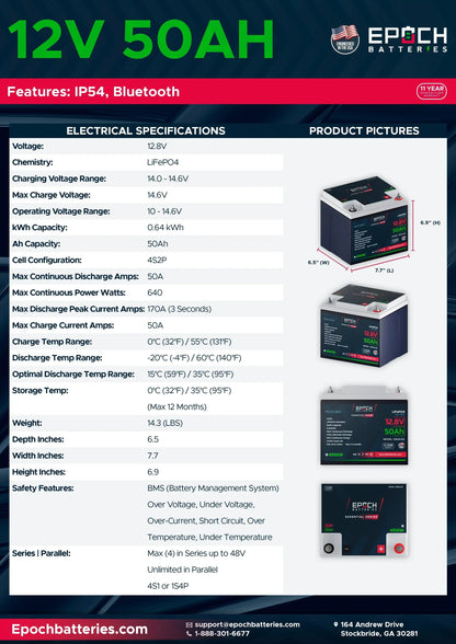 Epoch Batteries 12V 50Ah (0.64kWh) Essential Series - Bluetooth LiFePO4 Battery