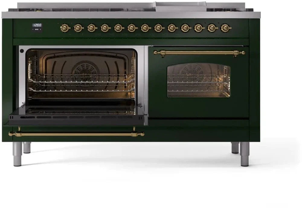 ILVE Nostalgie II 60" Dual Fuel Natural Gas Range, Emerald Green, Brass Trim UP60FNMPEGG