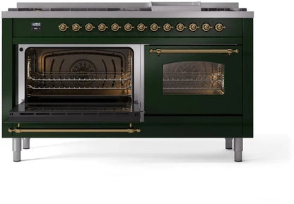 ILVE Nostalgie II 60" Dual Fuel Natural Gas Range, Emerald Green, Brass Trim UP60FNMPEGG