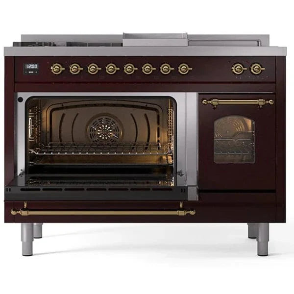 ILVE Nostalgie II 48"  Dual Fuel Natural Gas Range Burgundy Brass Trim UP48FSNMPBUG