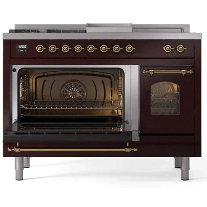ILVE Nostalgie II 48"  Dual Fuel Natural Gas Range Burgundy Brass Trim UP48FSNMPBUG