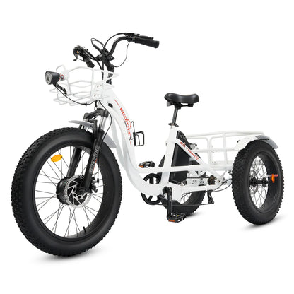 Ecotric 48V 24"x4.0 Front 20"x4.0 Rear Tires Class 2 Tricycle electric bike white