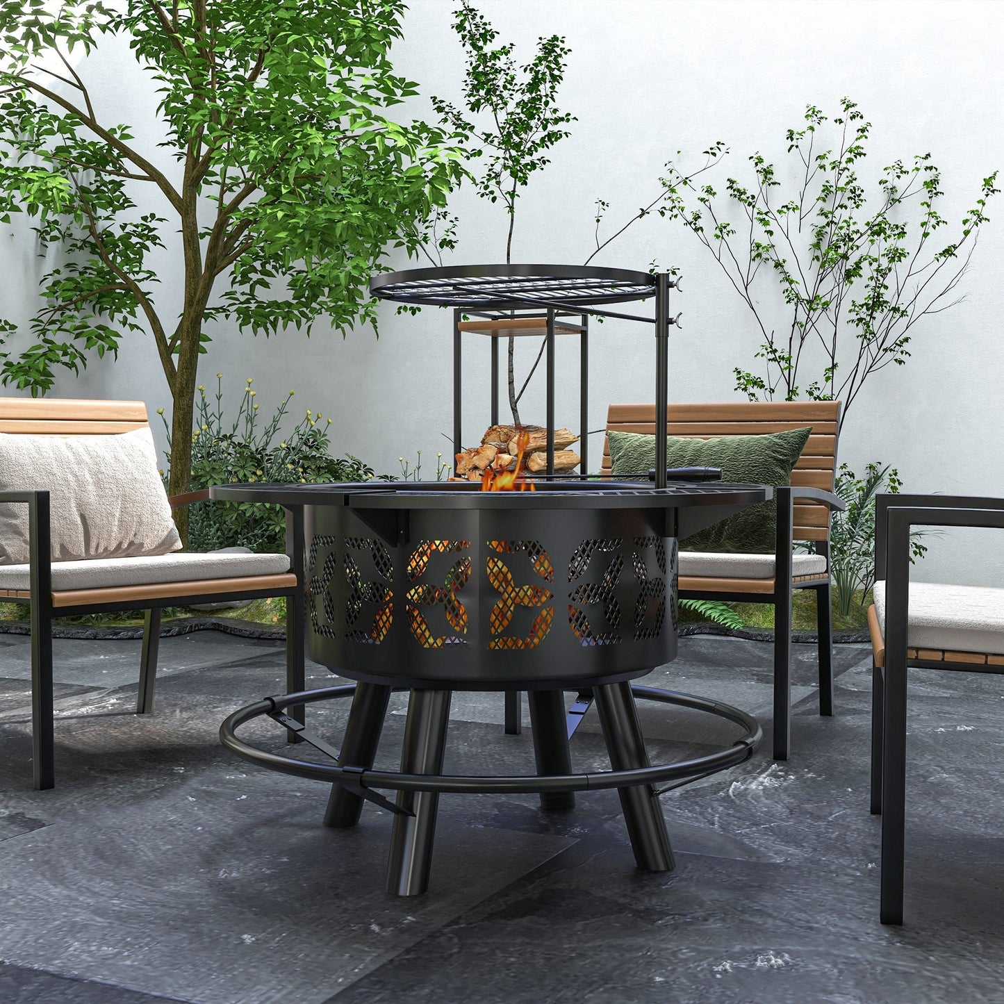 PolyTEAK 2-in-1 Black Portable Fire Pit for BBQ Grill, Camping Bonfire Stove, Backyard, Patio, Picnic
