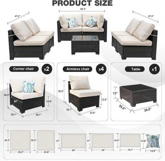 Ainfox 7 Pieces Patio Furniture Set Outdoor Rattan Wicker Patio Conversation Set with Coffee Table