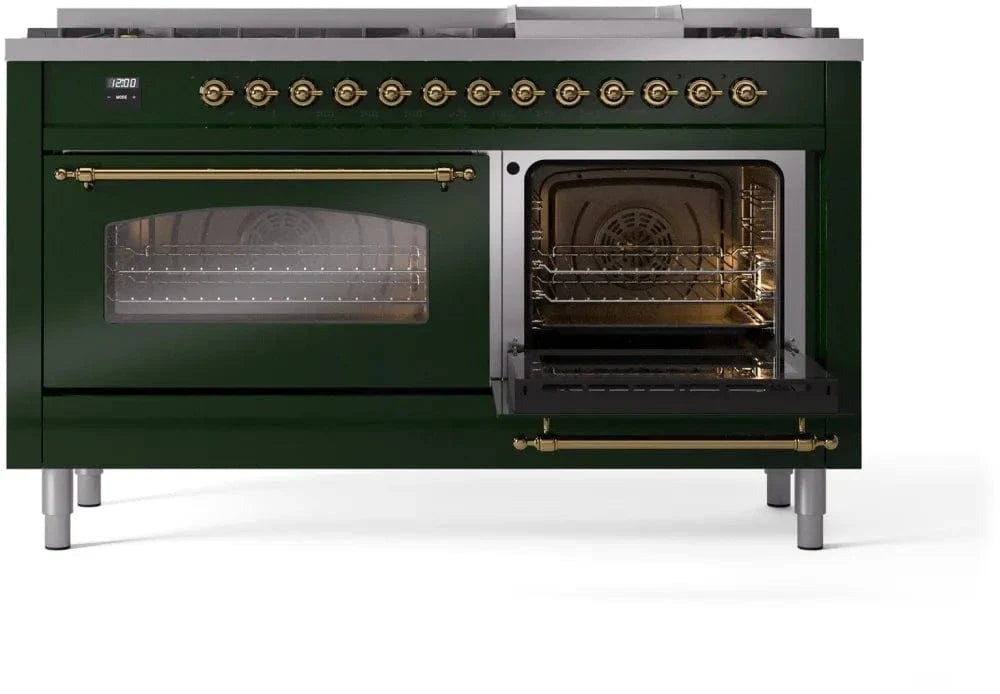 ILVE Nostalgie II 60" Dual Fuel Natural Gas Range, Emerald Green, Brass Trim UP60FNMPEGG
