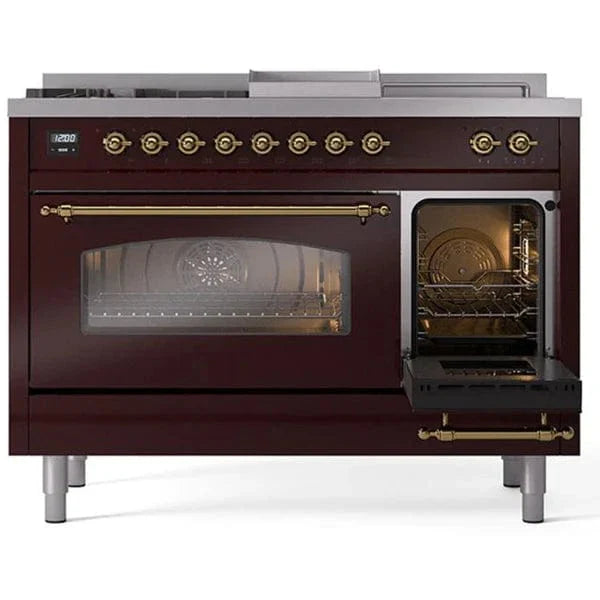 ILVE Nostalgie II 48"  Dual Fuel Natural Gas Range Burgundy Brass Trim UP48FSNMPBUG