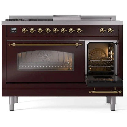 ILVE Nostalgie II 48"  Dual Fuel Natural Gas Range Burgundy Brass Trim UP48FSNMPBUG
