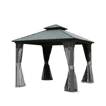 PolyTEAK All-Season 8x8ft Hardtop Gazebo: Aluminum Frame, Double Roof, Curtains, & Netting for Protection from Sun, Rain, & Snow