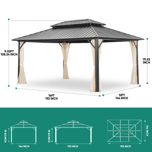 Ainfox 12x16Ft Patio Gazebo Outdoor Canopy with Mosquito with 2200lbs weight capacity of snow
