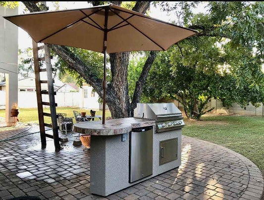 Kokomo Grill BBQ Kitchen Island Maui 7'6" with 33" Round Bar, LED Lights & Built-In BBQ