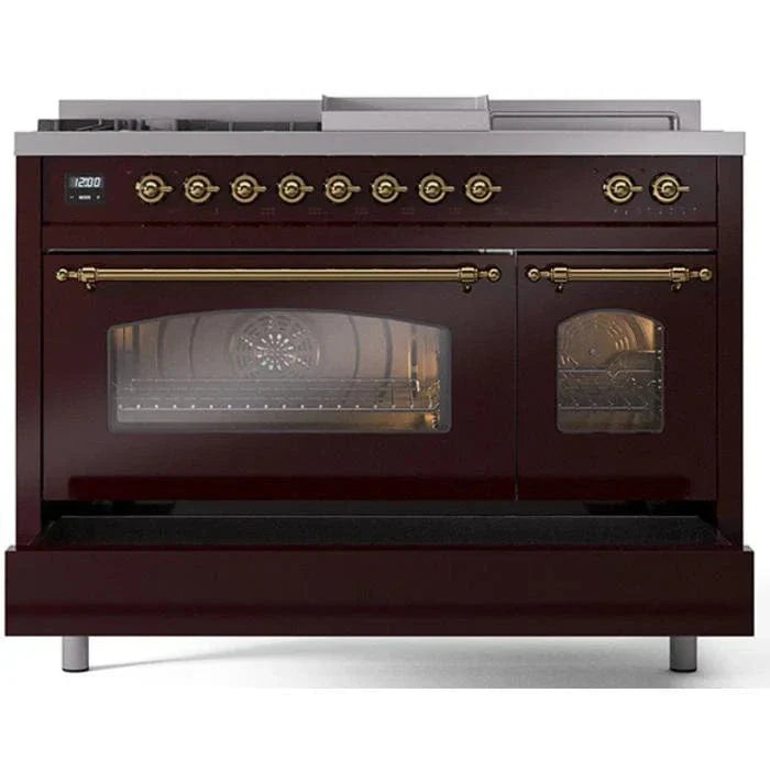 ILVE Nostalgie II 48"  Dual Fuel Natural Gas Range Burgundy Brass Trim UP48FSNMPBUG