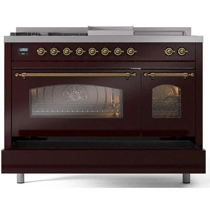 ILVE Nostalgie II 48"  Dual Fuel Natural Gas Range Burgundy Brass Trim UP48FSNMPBUG