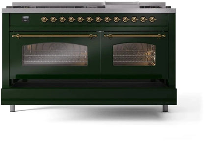ILVE Nostalgie II 60" Dual Fuel Natural Gas Range, Emerald Green, Brass Trim UP60FNMPEGG