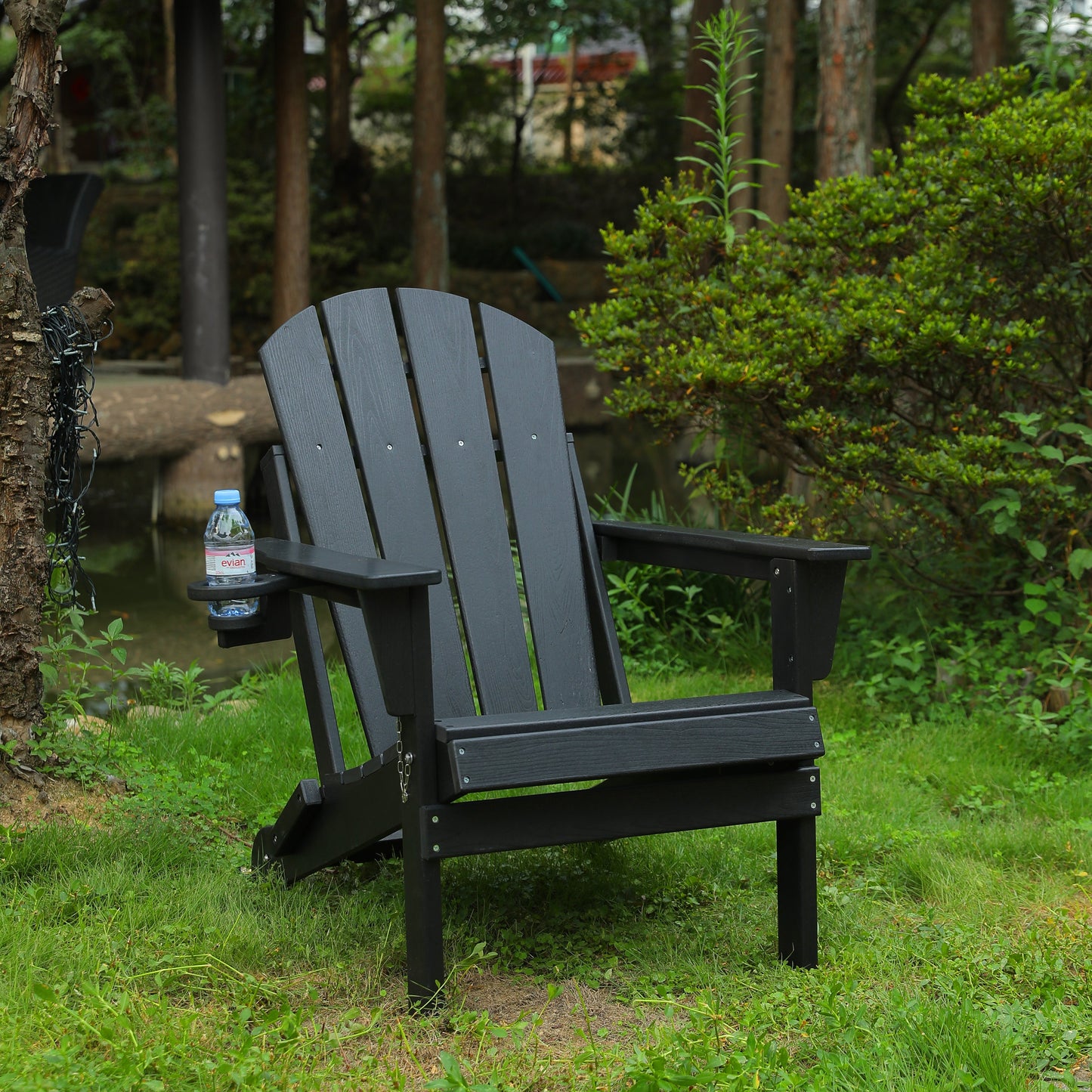 HDPE Folding Adirondack Chair with Dual Cup Holder - Composite Adirondack Chair with Wood Texture- Black